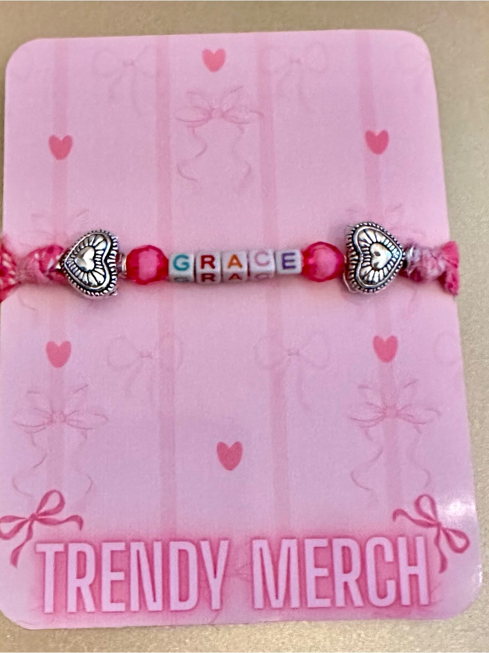 HANDMADE Pink 'Grace' Beaded Fabric Bracelet with Heart Accents